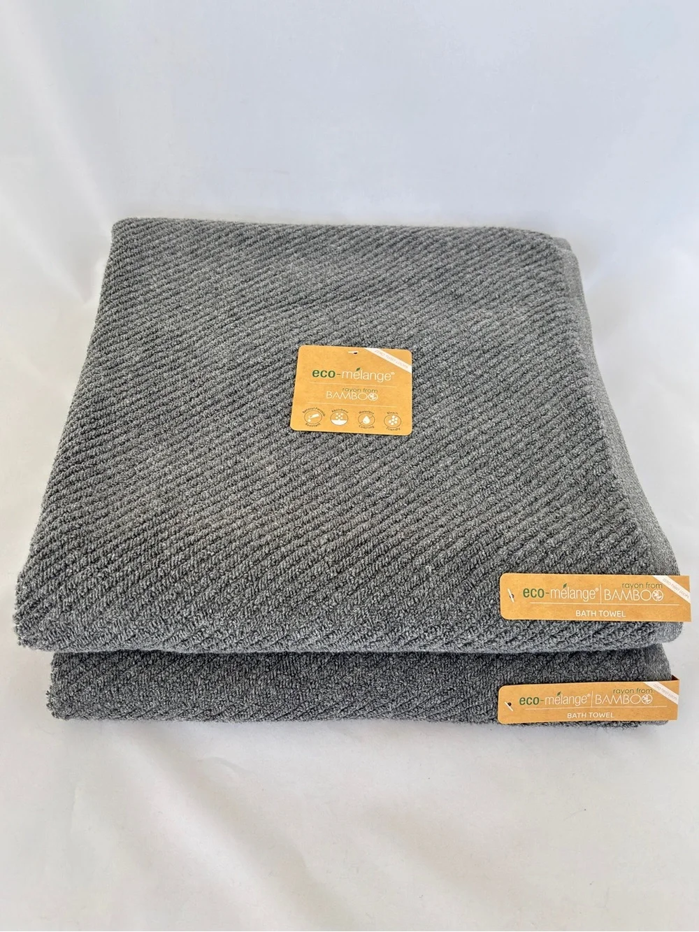 NWT 2Pc Eco-Melange Bamboo Charcoal Grey Bath Towels Diagonal Ribbed Textured